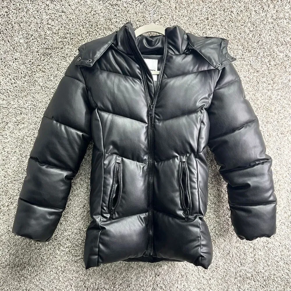 Steve Madden Coat Girls Large 14-16 Black Faux Leather Zip Up Puffer with Hood